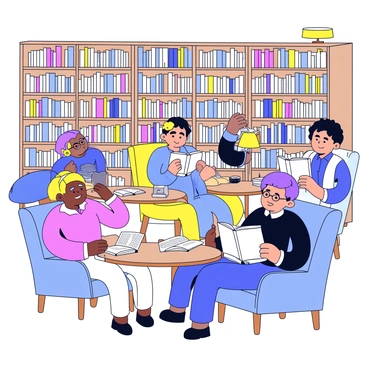 A cozy library filled with tall shelves that are packed with books. Several open books are resting on wooden tables, with pages gently fluttering as if stirred by a soft breeze. Among the tables, a few people are absorbed in reading, comfortably seated on plush armchairs. The warm light from a nearby lamp creates a welcoming atmosphere. Some of the readers have glasses perched on their noses, while others are leaning back with a content expression, fully immersed in their stories.