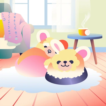 A pair of oversized fuzzy slippers with a cute bear face and a playful bunny face is resting on a fluffy white rug. The slippers are soft and plush, with oversized ears and embroidered features. Surrounding the rug, there are wooden floorboards giving a warm ambiance to the cozy living room. In the background, there is a comfortable armchair upholstered in a pastel color and a small round coffee table with a steaming cup of tea. A knitted blanket is draped over the armchair, adding to the inviting atmosphere. Bright sunlight filters in through a nearby window, casting gentle shadows on the floor.