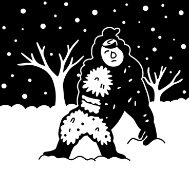 A Neanderthal figure wrapped in thick, rough animal furs stands resiliently against a fierce winter storm. The ground is covered in a thick layer of snow, with swirling winds creating drifts around the figure. Heavy snowflakes fall from a darkened sky, obscuring the horizon. The Neanderthal's posture is strong, with one arm raised slightly to shield against the biting winds. In the background, barren trees sway under the force of the storm, their branches heavy with snow.