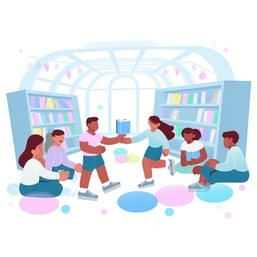 A group of children is gathered in a vibrant library filled with colorful bookshelves. One child is handing a book to another child, who is reaching out excitedly. The library is adorned with large, multicolored cushions scattered on the floor for seating. Large windows let in natural light, casting soft shadows across the room. Around them, other children are sitting and reading, some are engaged in quiet discussions, while others are flipping through the pages of various books. Above them, hanging decorations made of paper create a whimsical atmosphere.