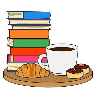 A stack of books beside a coffee cup, with pastries on a wooden table