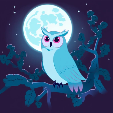 A wise owl with large, piercing eyes and intricate feather patterns is perched on a gnarled branch. The branch is surrounded by dark, lush foliage, creating a contrast with the owl's light-colored plumage. Above, a luminous full moon casts a silvery glow, illuminating the scene with soft light. Stars twinkle in the night sky, enhancing the enchanting atmosphere. The owl's head is turned slightly, giving it an alert and observant demeanor as it surveys its surroundings.