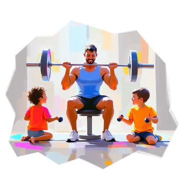 A parent with short dark hair is performing skull crushers on a workout bench, focusing on their form. They are wearing a fitted blue tank top and black shorts, showcasing their determined expression as they lift a barbell. Beside them, two children are playfully mimicking the exercise on the floor. One child has curly hair and is wearing a bright red t-shirt, while the other has straight hair and is dressed in a yellow striped shirt. Both children are giggling as they pretend to lift light weights, creating a joyful atmosphere in the room.