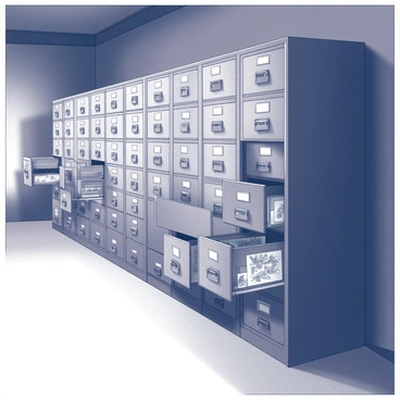 Rows of filing cabinets arranged neatly in a dimly lit museum room. The cabinets are made of metal with handles and labels on each drawer. Some drawers are slightly opened, revealing a glimpse of archived illustrations inside. The room has shadowy corners, with faint light sources creating soft shadows across the floor and walls. The atmosphere is quiet and still, with an air of history and preservation surrounding the cabinets.