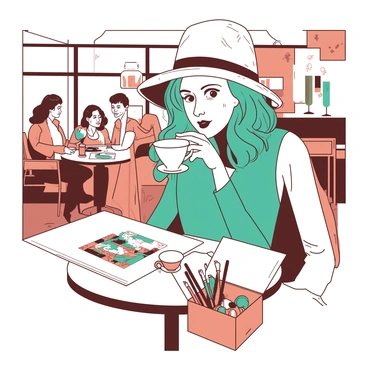 Nami sipping tea in a cozy cafe, sketching in her illustrated box while watching people pass by.