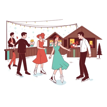 A retro ice rink scene features a group of people dressed in 1920s attire, including men in stylish suits with bow ties and women in elegant flapper dresses adorned with feathers and beads. Each skater wears classic leather skates, gliding across the ice with grace. Surrounding the rink, there are festive string lights casting a warm glow over the scene. In the background, a vintage wooden chalet serves as a cozy refreshment stand, where a few skaters pause to enjoy hot drinks. Snow gently falls from the sky, adding to the charming atmosphere of the ice rink.