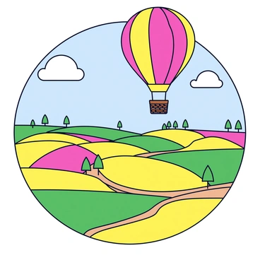 A colorful hot air balloon is floating high in the sky. The balloon has bright red and yellow stripes, and its basket is made of woven wicker. Below, a patchwork of countryside fields stretches out, showcasing various shades of green and gold. The fields are divided by thin dirt paths and dotted with small trees, creating a vibrant mosaic effect. The sky above is clear with a few fluffy white clouds.