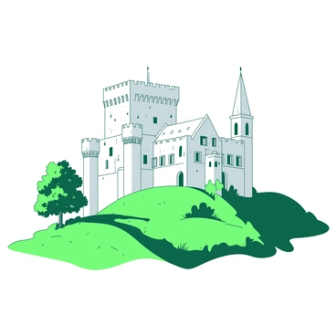 A majestic white English castle stands proudly atop a green hill. The castle features tall stone towers with pointed roofs and intricate architectural details. Surrounding the castle, there are patches of vibrant green grass, and a few trees with lush foliage dot the landscape. The sky above is clear and bright, providing a perfect backdrop for the castle. The sunlight casts soft shadows, highlighting the grandeur of the structure.