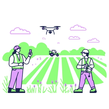 A team of engineers is positioned in an expansive agricultural field, actively using drones for surveying. In the foreground, there are two engineers wearing safety vests and helmets, one is holding a remote control, while the other observes the drone in flight. The drone is capturing images above rows of crops, which stretch out across the field in a grid pattern. In the background, there are large patches of green vegetation alongside purple wildflowers dotting the landscape. A distant tractor is seen working further down the field, and the sky above is clear with a few clouds scattered throughout.