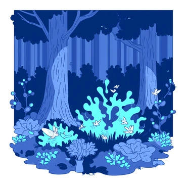 A duotone scene depicts a magical forest filled with glowing plants. The plants emit a soft light, illuminating the surroundings with an ethereal glow. Tall trees with thick trunks create a canopy overhead, casting intricate shadows on the forest floor. Among the foliage, mystical creatures such as fairies and small creatures with delicate wings can be seen peeking out from behind the glowing plants. Some of these creatures are perched on branches, while others are nestled among the vibrant leaves. The atmosphere is filled with a sense of wonder and enchantment.