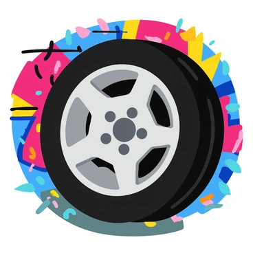 A car wheel showcased against a backdrop of vibrant urban graffiti on a city wall. The wheel is a shiny alloy with intricate designs, displaying the tire's tread with detailed grooves. The graffiti features a mix of bright colors, including reds, blues, and yellows, with bold shapes and abstract patterns surrounding the wheel. The wall is textured and slightly weathered, enhancing the urban feel of the scene.