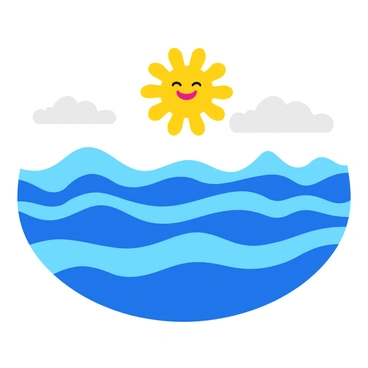 A vibrant cartoon-style ocean filled with squiggly waves in various shades of blue. The waves are animated, showing movement with white crests. Above the ocean, there is a large, smiling sun with bright yellow rays radiating outward. The sun's expression is cheerful, adding a playful touch to the scene. Fluffy white clouds float gently around the sun, enhancing the light-hearted atmosphere. The horizon line is visible where the ocean meets the sky, creating a lively and colorful coastal view.