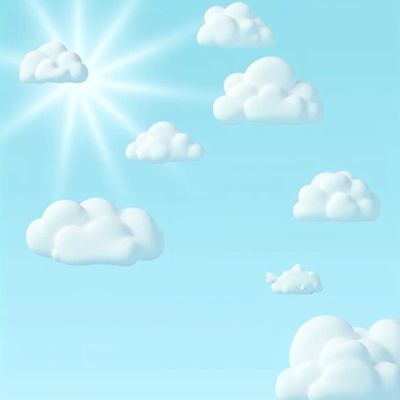 A bright blue sky, filled with fluffy white clouds. There are a total of eight clouds in the sky. Seven of these clouds are shaped like animals, specifically a bunny, a bear, afish, a lion, a bird, an elephant, and a turtle. The eighth cloud is a standard fluffy cloud. The clouds are scattered across the sky, with sunlight shining through, creating a vibrant atmosphere.