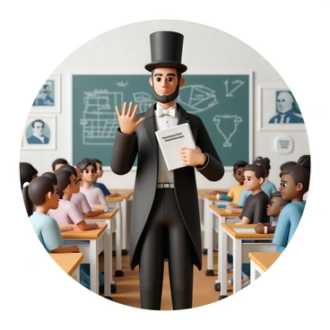 A teacher, dressed as "Abraham Lincoln," stands in front of a classroom filled with children. He is wearing a black suit, a tall black top hat, and a white bow tie. The teacher is holding a book titled "The Emancipation Proclamation" in one hand and gesturing with the other hand to engage the students. The children, a diverse group of boys and girls, are seated at wooden desks, looking attentively at the teacher. A chalkboard in the background has historical dates and drawings related to the Civil War era. The classroom is decorated with maps and portraits of historical figures.
