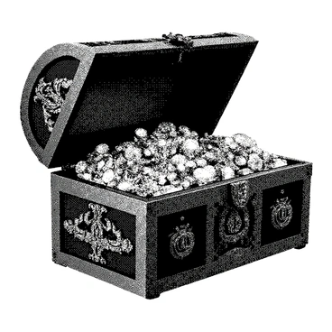 A wooden treasure chest is opened wide, revealing an abundance of sparkling jewels and gold coins spilling out. The chest has intricate carvings on its surface, depicting mythical creatures and swirling patterns. The jewels are various shapes and sizes, glistening with light, and the gold coins are shiny, some stacked neatly while others are scattered. The scene captures the richness and allure of the treasure inside the chest.