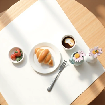A smooth, polished wooden table set for a cozy breakfast