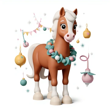 A pony, featuring a shiny chestnut coat and a flowing mane, is standing amidst a holiday celebration. The pony is adorned with colorful festive garlands, draped elegantly around its neck and head. The garlands include bright red, green, and gold decorations, sparkling under the twinkling lights of nearby decorations. In the background, there are cheerful holiday decorations, including ornaments and ribbons, adding to the festive atmosphere. The pony's eyes reflect curiosity and joy as it interacts with the surrounding celebration.
