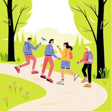 A group of four friends walking along a winding forest trail surrounded by tall green trees. The friends are wearing colorful hiking gear, with two wearing backpacks. One friend is pointing towards a vibrant blue bird perched on a branch. Sunlight filters through the leaves, creating dappled patterns on the trail below. In the background, a gentle stream flows, and small wildflowers in various colors bloom along the path.