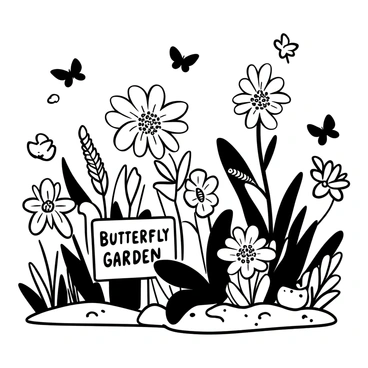 A corner of a garden filled with various plants known to attract butterflies. There are vibrant flowers with intricate petal shapes, including coneflowers and milkweed. Delicate butterfly silhouettes are seen fluttering around the blooms. A small wooden sign displaying the words "Butterfly Garden" is placed among the foliage. Butterflies are resting on the flowers, and a few caterpillars are climbing on the leaves. The ground is covered with soft grass and scattered pebbles, creating a natural atmosphere.