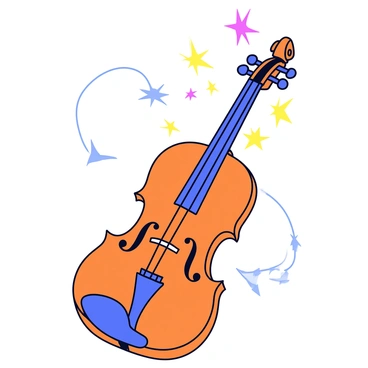A violin with a polished wooden surface and elegantly shaped body sits prominently. The strings of the violin are illuminated, with colorful magical sparks and bright light trails emanating from them. The light trails swirl and twist around the violin, creating a dynamic energy. The background is simple and unobtrusive, allowing the violin and its vibrant effects to stand out.