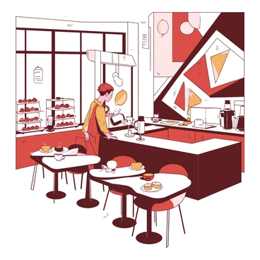 A chic art deco cafe features intricate geometric patterns in the decor, creating a visually stimulating environment. The walls are adorned with angular designs in a combination of {color_1} and {color_2}. A stylish barista, wearing a fashionable uniform, stands behind a sleek counter, expertly pouring coffee into a cup. On the counter, there are various pastries displayed on elegant glass stands. The seating area is filled with comfortable chairs, inviting customers to relax and enjoy their beverages. Large windows let in natural light, enhancing the overall ambiance of the cafe.