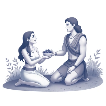 A scene depicting "Shabari" with a warm expression, kneeling on the ground. She holds a small basket filled with "wild berries" in her hands, presenting them to "Rama" and "Lakshmana." "Rama" has a calm demeanor, wearing a simple yet elegant outfit, while "Lakshmana" stands beside him with a curious look. The setting is surrounded by lush greenery, showcasing various plants and bushes, enhancing the feeling of the wilderness. The atmosphere conveys a sense of humility and hospitality as Shabari offers the berries.