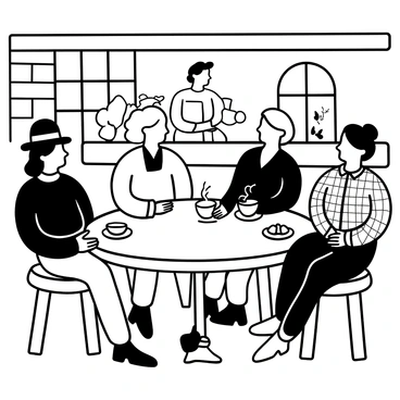 A scene inside a quaint café with a round wooden table. "Mark Twain" is seated at the table, engaged in conversation with three friends. Each friend has a different attire, with one wearing a bowler hat, another in a waistcoat, and the third in a checkered shirt. A steaming cup of coffee sits in front of each person, with coffee steam curling upwards. There are small plates with pastries on the table. The café has exposed brick walls and a wooden counter behind which a barista is preparing drinks. A window shows a view of trees outside, with natural light illuminating the scene.