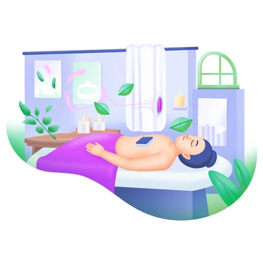 A modern pastel illustration depicting a spa scene featuring a person lying on a massage table. The individual is receiving magnetic therapy, with visible magnets placed on strategic points of their body. Surrounding them are gentle, flowing lines representing healing energy, with soft pastel colors enhancing the atmosphere. The room is adorned with plants, soft towels, and candles, creating a tranquil environment. On the wall, there are calming images, and a soft light filters in through a window, illuminating the scene.