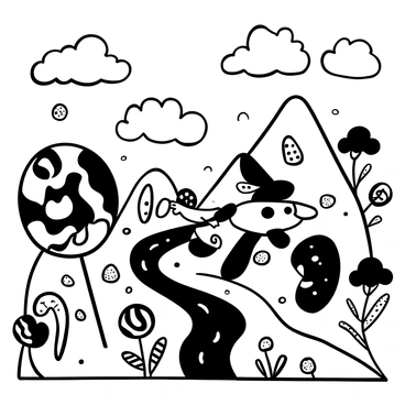 A "Gengar" character with a mischievous appearance is navigating through a landscape filled with oversized sweets. Giant lollipops, cotton candy clouds, and chocolate rivers are scattered throughout the scene. Large gumdrops and jellybeans create vibrant hills, while licorice vines twist around candy trees. The ground is dotted with shining candy wrappers, adding to the whimsical atmosphere.