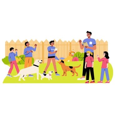 A trainer standing in a sunny backyard is demonstrating how to train dogs to a group of kids. The trainer is wearing a bright blue shirt and has a clipboard in hand. Surrounding the trainer are excited kids of varying ages, some sitting on the grass and others standing, all focused on the demonstration. Each child has a different breed of dog with them, such as a fluffy golden retriever, a small beagle, and a playful puppy. The backyard is filled with green grass, colorful flowers, and a wooden fence in the background, creating a lively and cheerful atmosphere.