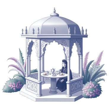 An ornate pavilion situated within lush palace gardens. The structure features intricate arches and decorative columns, adorned with patterns of leaves and vines. Inside the pavilion, a beautifully set table holds a traditional tea service, complete with a teapot, cups, and an assortment of pastries. The sultan, dressed in luxurious attire, is seated at the table, engaged in a moment of relaxation. Surrounding the pavilion, vibrant greenery and blooming flowers create a picturesque ambiance, enhancing the serene atmosphere of the afternoon tea gathering.