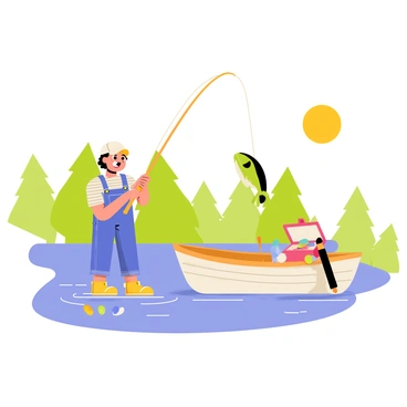 A child with bright blue overalls and a white cap is excitedly reeling in a large-mouth bass on a fishing rod. The fish splashes in the water, creating ripples around it. The background features a serene lake with green trees lining the shore. A colorful fishing tackle box sits open on a small wooden boat nearby, along with a few bobbers and lures scattered around. The sun is shining brightly in the clear sky, enhancing the joyful atmosphere of the family fishing trip.