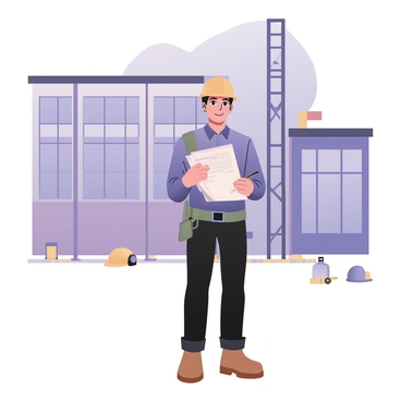 A digital flat illustration depicting an engineer standing in front of a large building. The engineer has short black hair and is wearing a hard hat, a light blue shirt, and brown safety boots. He is holding a clipboard filled with papers in his left hand and using a pencil in his right hand to take notes. The building behind him is a modern structure with large glass windows and steel beams. There are construction tools scattered on the ground, including a measuring tape and a helmet. In the background, there is a clear blue sky with a few fluffy clouds.