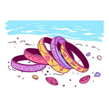 A collection of vibrant "choora bangles" in various intricate designs is partially buried in the sand on a beach. The bangles are adorned with colorful patterns and shimmer under the sunlight. The sand around the bangles is light in color, contrasting with the rich hues of the jewelry. In the background, gentle waves can be seen lapping at the shore, while seashells and small pebbles scatter the sand nearby.