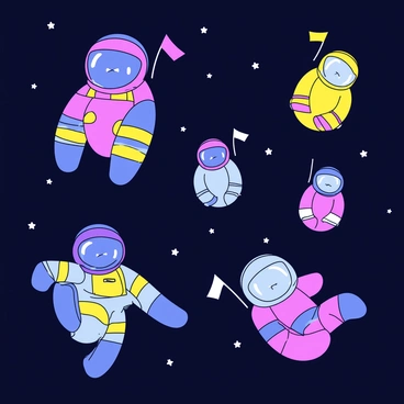 A collection of colorful Easter eggs designed to resemble astronauts is floating in space. Each egg has unique features like a shiny helmet and a spacesuit with bright colors. The background is filled with dark space sprinkled with twinkling stars. Some eggs are positioned in different orientations, giving the impression of weightlessness. A few of the eggs have small flags attached, adding a playful touch to their space exploration theme.