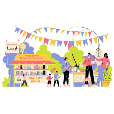 A lively festival celebrating books is taking place in a colorful outdoor setting. Vibrant banners are hanging overhead, featuring quotes from famous literary works. Decorative arches are adorned with characters from various tales, including "Peter Pan," "Alice in Wonderland," and "Cinderella." Stalls decorated with illustrations of books and whimsical characters offer a variety of literary-themed snacks and activities. Families and children are engaged in reading sessions, while others explore the creative displays that highlight beloved stories.