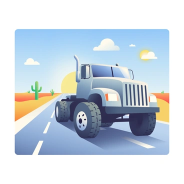 A large, sturdy truck with a shiny silver body is driving on a vast desert highway. The truck has large, rugged tires, and its headlights are shining brightly. The road stretches out into the distance, flanked by golden sand dunes on either side. In the background, there are a few sparse, green cacti dotting the landscape. Above, a clear blue sky with a few wispy white clouds creates a bright atmosphere. The sun is high, casting sharp shadows on the ground, and the heat of the day can be seen shimmering in the air.