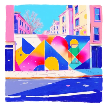 An urban wall features a large mural composed of various abstract shapes. The shapes include triangles, circles, and rectangles, all painted in a gradient of bold colors like deep blue, vibrant red, bright yellow, and vivid green. The mural covers the entire wall, creating a striking visual impact against the surrounding cityscape. There are hints of texture within the shapes, giving the mural depth and dimension. The scene is framed by the edges of nearby buildings and a clear blue sky above.