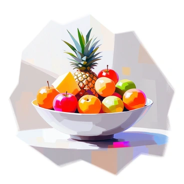 A fruit bowl sitting on a flat surface, composed of various fruits represented using basic geometric shapes. The bowl is oval in shape, filled with round fruits like apples and oranges, each depicted as spheres. There are angular, cubical representations of pineapples and rectangular shapes for bananas. The colors of the fruits are bright and vibrant, with reds, yellows, and greens contrasting against the smooth, neutral tone of the bowl. The arrangement of the fruits creates a sense of abundance and variety.