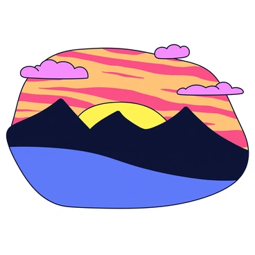 A range of majestic mountains with sharp peaks, creating a dramatic silhouette. The mountains are dark and defined against a vibrant sunset sky filled with fiery shades of orange, red, and purple. Soft clouds scatter across the sky, reflecting the warm colors of the sunset. The foreground features a gentle slope leading towards the mountains, enhancing the sense of depth in the scene.