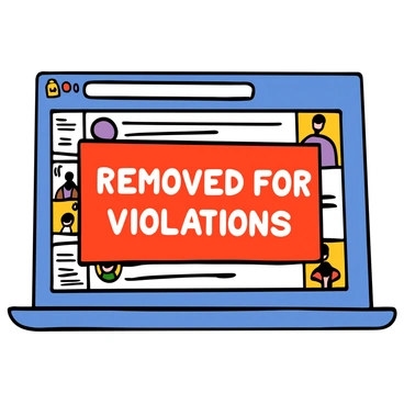 A digital screen displaying a social media interface. The screen features a blurred background of colorful profile pictures and posts. In the foreground, there is a prominent red "Removed for Violations" notice in bold, white letters, overlaying the content. The screen's frame is sleek and modern, with a notification bell icon in the top corner, and the overall look conveys an official message regarding content removal.