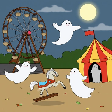 A group of playful ghosts, each with translucent, flowing forms, are happily floating around an old, deserted fairground. The fairground is dimly lit by a full moon shining through scattered clouds. In the background, a rusted Ferris wheel stands still, with some of its seats swinging gently in the breeze. One ghost is gliding through the air, playfully waving at another ghost who is riding on a broken carousel horse, which is covered in cobwebs. Nearby, a ghostly figure is peeking out from a colorful circus tent, its fabric faded and torn. The ground is littered with fallen leaves and broken rides, adding an eerie yet whimsical charm to the scene.