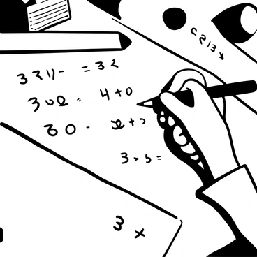 A close-up of a student's hands gripping a pencil, writing on a math test sheet filled with equations and numbers. The test sheet is partially visible, showing various math problems. The background consists of a wooden desk with scattered stationery items, including an eraser and a ruler. A faint shadow is cast from the pencil onto the test sheet, emphasizing the focused act of writing.