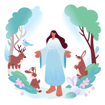 "Themis" is standing in a tranquil forest surrounded by various animals. She is wearing a flowing robe that blends seamlessly with the natural environment. The animals, including deer, rabbits, and birds, gather around her, showcasing a sense of harmony with nature. Sunlight filters through the leaves, casting gentle patterns on the forest floor. The trees are tall and lush, with vibrant green foliage, creating a serene atmosphere. A few wildflowers are scattered on the ground, adding splashes of color to the scene.