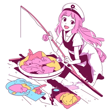 A cheerful ship girl with a gesugao expression is leaning over the side of a ship, her long hair blowing gently in the wind. She is wearing a vibrant outfit adorned with nautical themes. In her hands, she is holding a fishing rod, with a line trailing into the water below. Beside her, there is a large basket filled with various colorful fish, each one glistening as they catch the sunlight. The ship's deck features wooden planks, and a few fishing gear items are scattered nearby, hinting at a successful fishing trip.