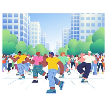 A group of diverse dancers is performing a choreographed routine in unison in a busy city square. The dancers are wearing colorful outfits, including bright t-shirts and patterned pants. Surrounding them are tall buildings, with large glass windows reflecting the energy of the scene. The square is filled with a crowd of onlookers, some are recording the performance on their smartphones while others are clapping along. In the background, trees line the square, providing a touch of greenery amidst the urban environment. Above, a clear blue sky stretches across the scene, adding vibrancy to the atmosphere.
