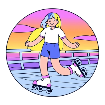 A femboy with colorful hair is roller skating along a wooden seaside boardwalk. The character is wearing a stylish outfit, consisting of a fitted shirt and shorts. A playful expression is on their face, showcasing joy and excitement. In the background, a vibrant sunset fills the sky with shades of orange, pink, and purple, casting warm light over the scene. The sound of rolling wheels can be imagined as the femboy skates gracefully along the boardwalk.