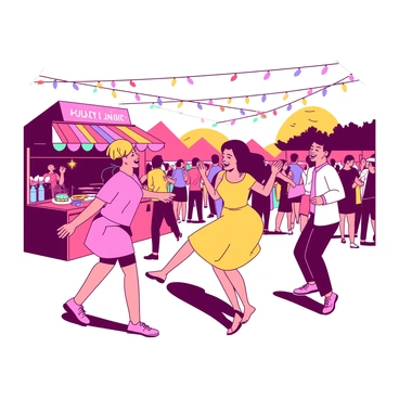 A group of friends is dancing joyfully at a lively outdoor festival. They are surrounded by colorful decorations and strings of lights above them. One friend has a vibrant pink shirt while another is wearing a bright yellow dress. There are people in the background also dancing, clapping, and enjoying the music. The sun is setting, casting a warm glow over the scene, highlighting their happy expressions. A food stall with a colorful awning is visible nearby, adding to the festive atmosphere.