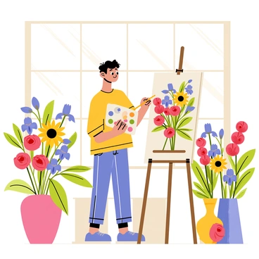 An artist stands in a flower shop, focused on painting a vibrant still life of various flowers. The artist is holding a palette filled with bright colors and a brush, carefully adding details to the canvas. The shop is filled with colorful bouquets in vases, showcasing red roses, yellow sunflowers, and purple irises. Green leaves and stems are intermingled among the flowers, adding depth to the arrangement. Sunlight streams through the shop's windows, illuminating the scene with a warm glow.