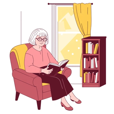 An elderly woman with gray hair is sitting in a cozy armchair next to a window. She is wearing reading glasses and is deeply focused on the book in her hands. The window has "golden curtains" that gently frame the scene, filtering soft sunlight into the room. The warm glow from the sunlight creates a peaceful atmosphere, highlighting the woman's relaxed expression. A small bookshelf filled with various books is located beside her.